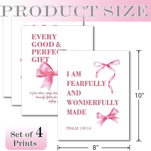 Hapons Coquette Pink Bow Wall Art | Inspirational Christian Decor for Teen Girls - 8''x10'' Unframed Prints (4 PCS)