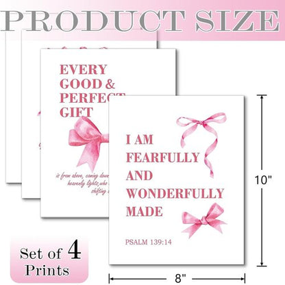 Hapons Coquette Pink Bow Wall Art | Inspirational Christian Decor for Teen Girls - 8''x10'' Unframed Prints (4 PCS)