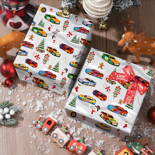 Race Car Christmas Wrapping Paper - White with Holiday Cars & Snowflakes - 4 Sheets, 28x40 Inches - Variation: White