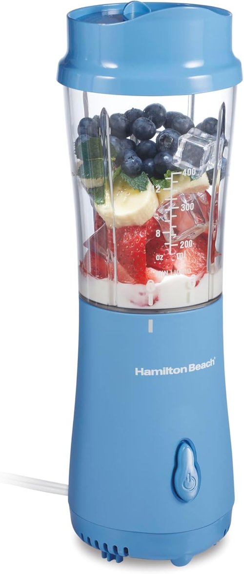 Hamilton Beach Portable Blender - 14 Oz BPA-Free Travel Cup & Lid | Durable Stainless Steel Blades, Tranquil Blue