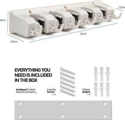 Garage Storage Organizer | Mop and Broom Holder Wall Mount 2 Pack - 5 Slots, 6 Hooks, 7.5lbs Capacity - Off-White