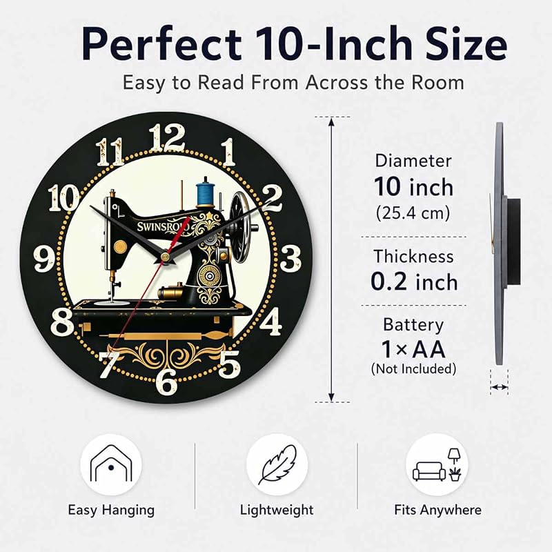 Sewing Machine Wall Clock 10 Inch – Silent Non-Ticking, Variation: Sewing Machine 1+10 Inch