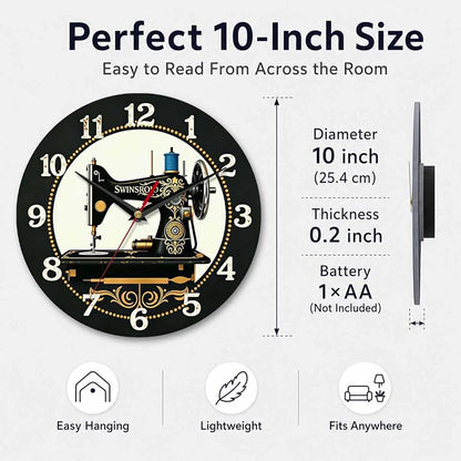 Sewing Machine Wall Clock 10 Inch – Silent Non-Ticking, Variation: Sewing Machine 1+10 Inch