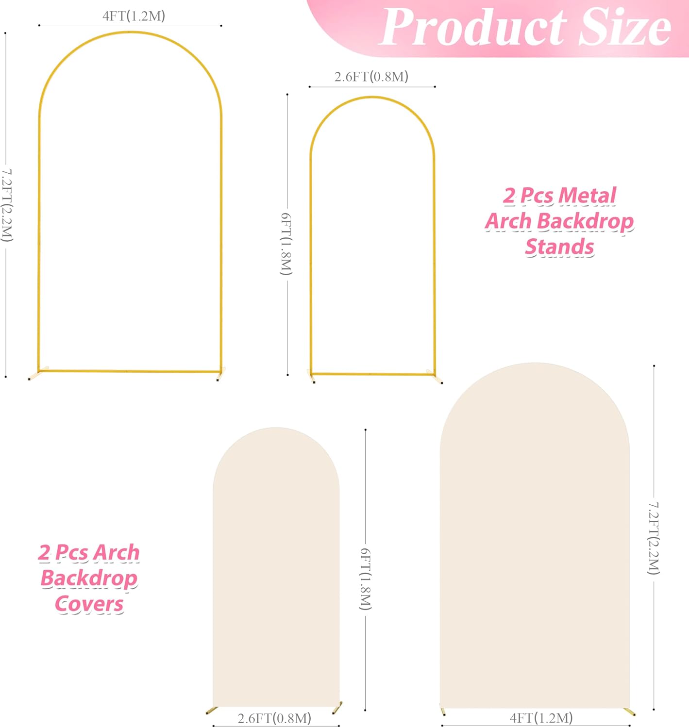 Wokceer Wedding Arch Stand Set - 2 Metal Arches with Beige Covers | 7.2FT & 6FT for Events