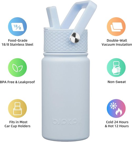 BJPKPK Insulated Water Bottle - 15oz Stainless Steel Tumblers with Straw Lid | BPA-Free, Leak-Proof, Light Blue