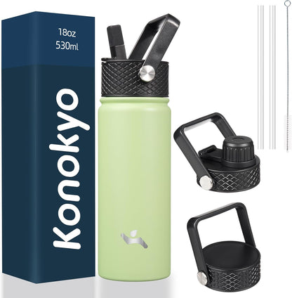 Skiennix 18 oz Insulated Stainless Steel Water Bottle - Sport Design with 3 Lids | Macaron Green