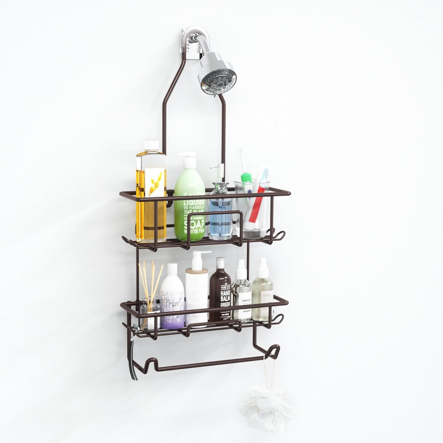 Rustic Bronze Shower Caddy by [Brand Name] - Overhead Organizer with 10 Hooks & Towel Bar for Bathroom Storage