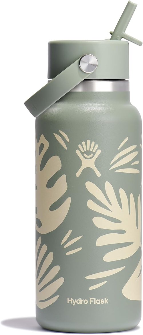 Hydro Flask Water Bottle - Insulated Stainless Steel - 32 Oz Wide Mouth with Flex Straw Lid | Botanical Bliss Agave