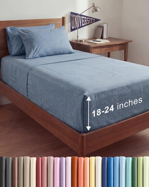 Extra Deep Twin XL Sheet Set - 4 Piece Breathable and Cooling Sheets - Hotel Luxury Bedding for Women, Men, Kids & Teens - Easy Secure Fit - Soft & Wrinkle Free - Extra Deep Pockets - Heathered Blue