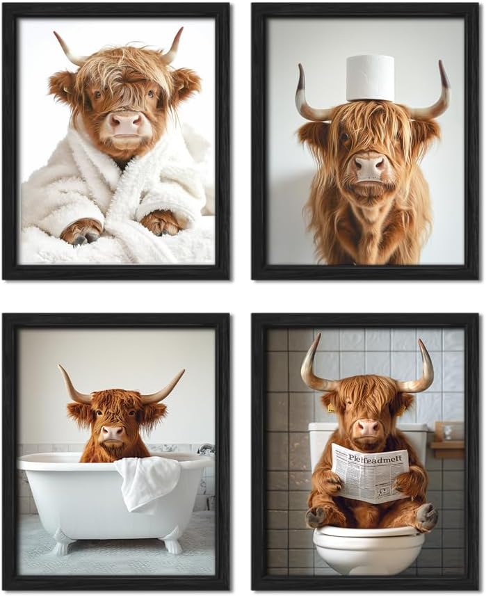 ZXDZSM Highland Cow Wall Art - Funny Bathroom Decor Canvas Prints | Farmhouse Style | 8x10 Inch, Set of 4