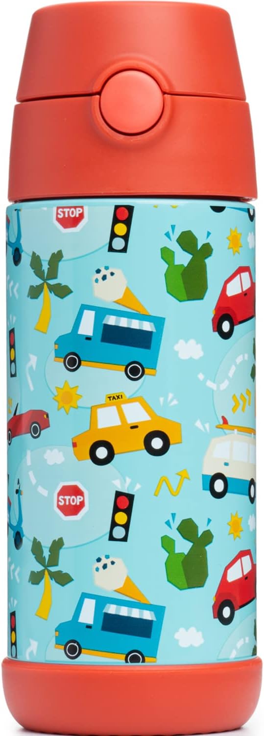 Snug Kids Water Bottle - Insulated Double-Wall Stainless Steel, Leakproof Straw & Spout - 12oz Cars