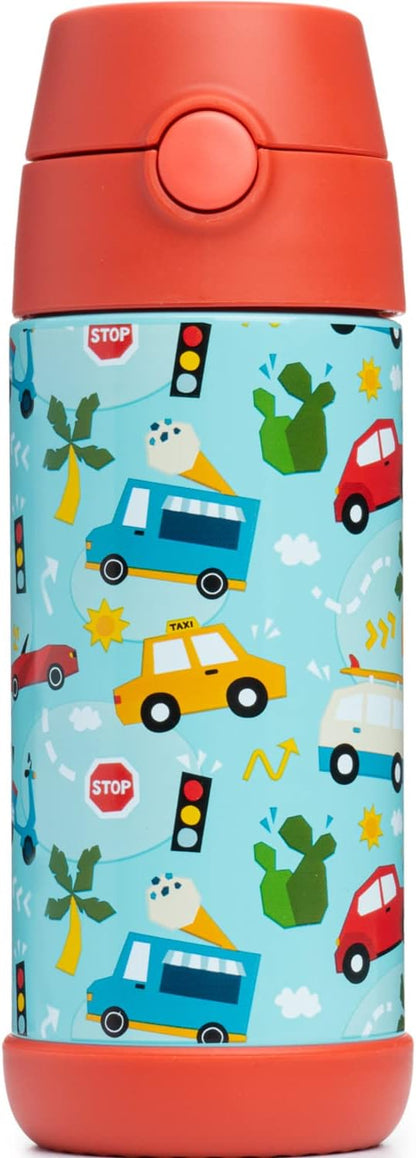 Snug Kids Water Bottle - Insulated Double-Wall Stainless Steel, Leakproof Straw & Spout - 12oz Cars