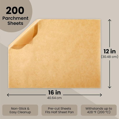 Juvale Parchment Paper Sheets - Nonstick Baking Liners | 200 Pack, 12 x 16 in, Unbleached Brown