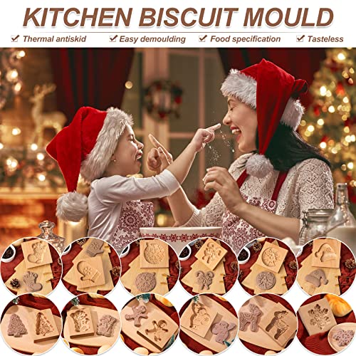Christmas Wooden Cookie Stamp Mold Set - 12 Holiday Patterns for Baking