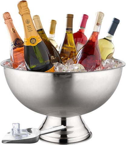 Premium 12L Large Ice Bucket for Parties – 16"x16"x10" Silver Stainless Steel Beverage Tub with Scoop – Insulated Ice Bucket for Cocktail Bar, Beers & Champagnes – 1.77kg Drink Bucket for Celebrations
