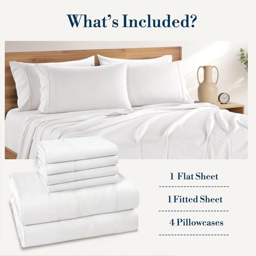 Casa Platino Queen Sheets Set –100% Cotton Queen Sheets with 4 Pillowcases, Lightweight Feel & Secure Fit, Crisp & Breathable Percale Weave with 15" Deep Pocket, Soft and Cozy – Pure White