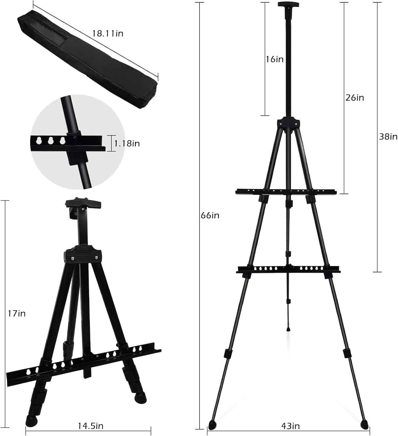 RRFTOK Easel Stand for Sign & Painting - Adjustable Metal Tripod Art Easel 17-66 Inch with Carry Bag - Black