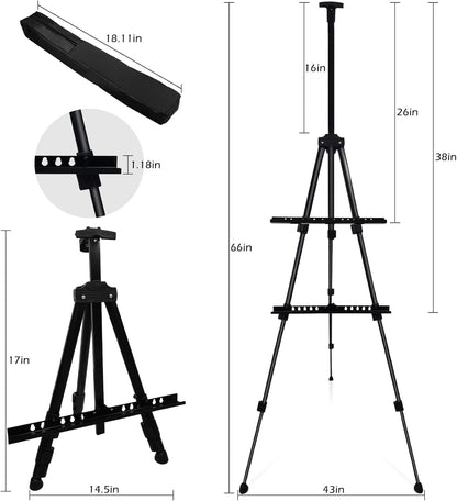 RRFTOK Easel Stand for Sign & Painting - Adjustable Metal Tripod Art Easel 17-66 Inch with Carry Bag - Black