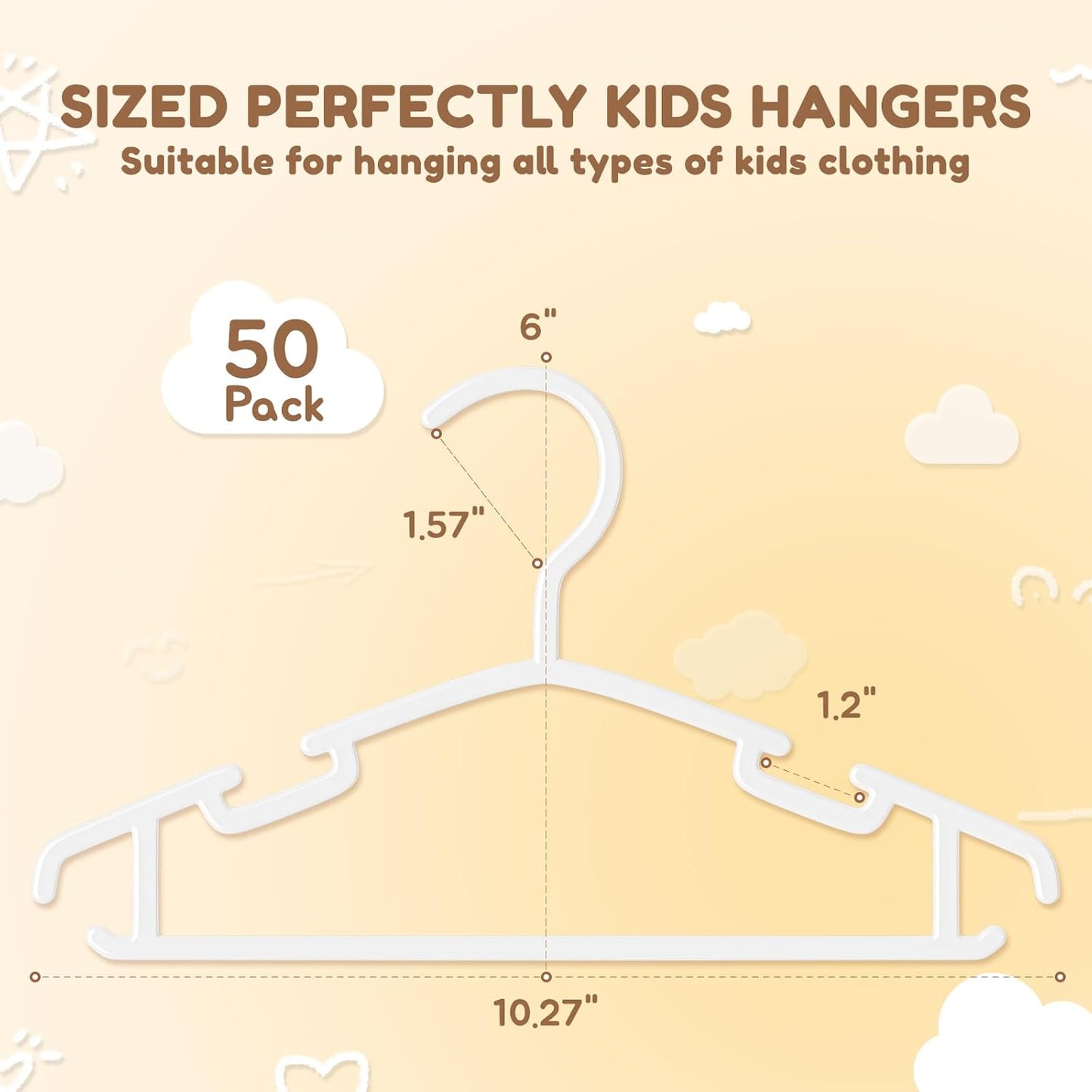 VILICK Kids Plastic Hangers - Non-Slip Baby Clothes Hangers for Infants | 50 Pack, White