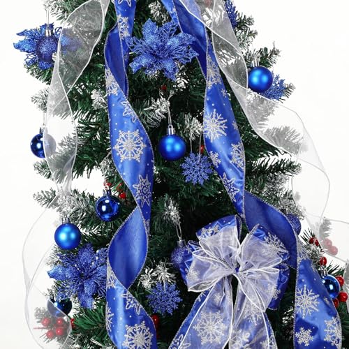 Christmas Tree Decorations Set - Blue & Glitter Holiday Ornaments with Bow Toppers