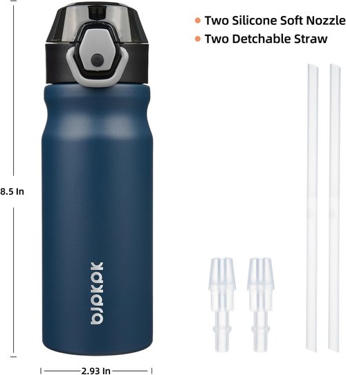BJPKPK Insulated Water Bottle - 18oz Stainless Steel Thermal Flask with Straw & Carry Handle | Navy Blue