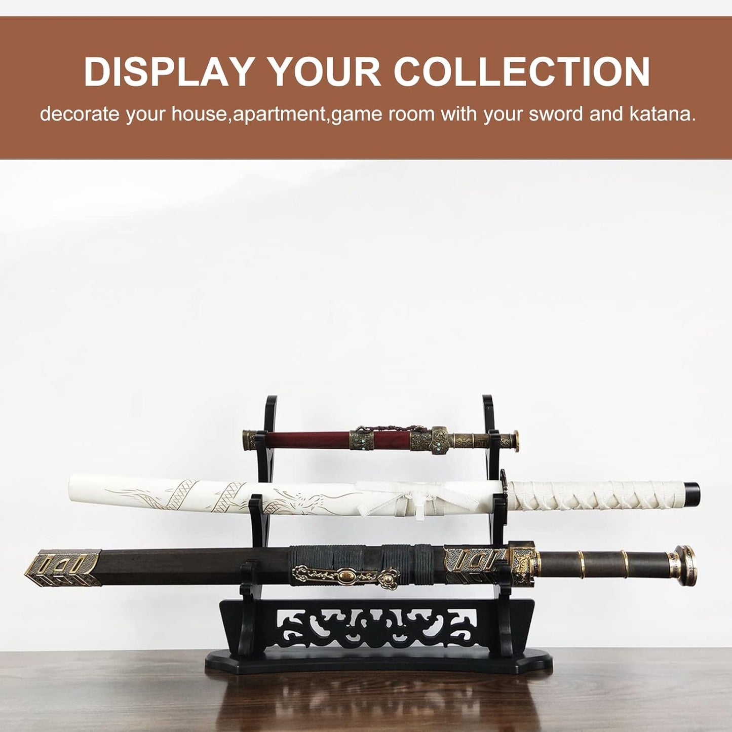 Saihisday Sword Stand - Three-Tier Katana Holder with Padded Support for Japanese Samurai Swords | Black Lacquer Finish