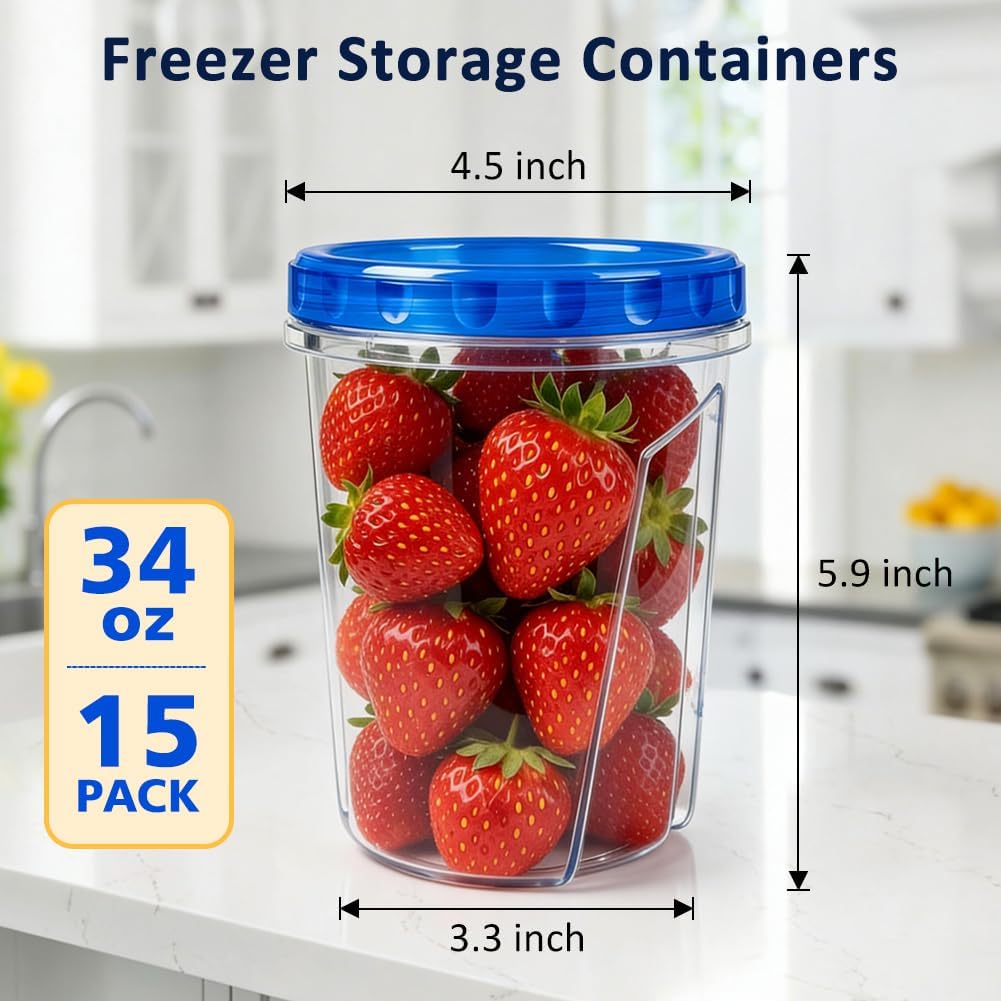 Skiennix 34oz Reusable Freezer Storage Containers - Airtight Twist Top Lids | 15 Pack Clear Plastic Meal Prep Solutions