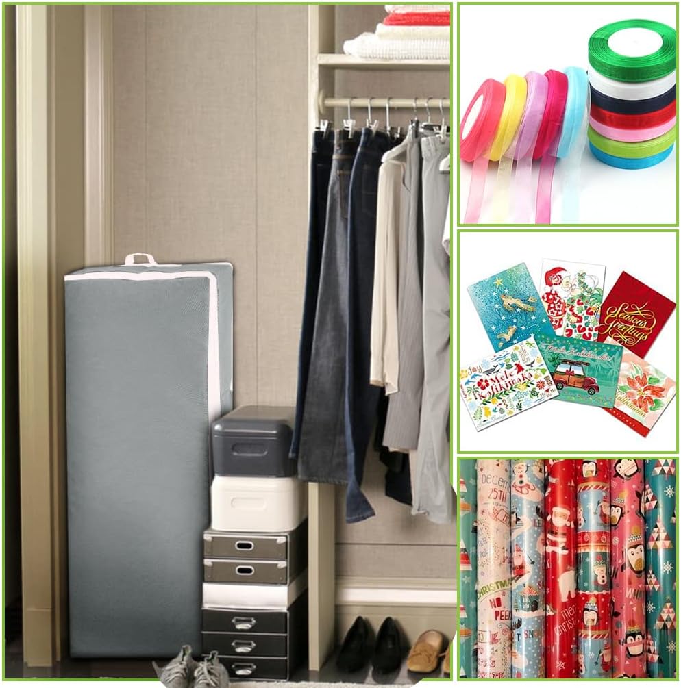 Primode Wrapping Paper Storage Container - Gift Wrap Organizer for Under Bed | Holds 18-24 Rolls Up to 40” | Durable 600D Oxford Material | Pockets for Ribbon Bows (Grey)