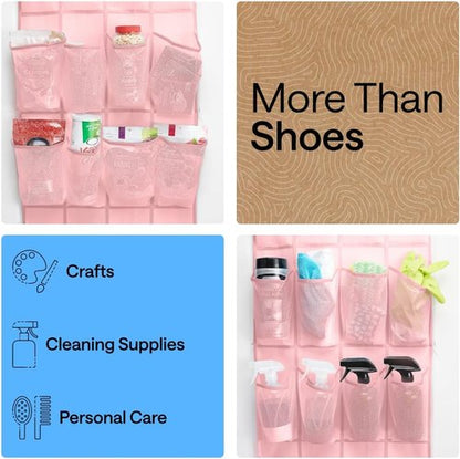 GORILLA GRIP Over The Door Shoe Organizer - 24 Large Breathable Mesh Pockets | Space-Saving Pink Storage Solution