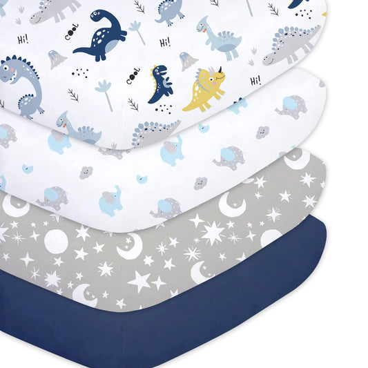 Plushii Crib Sheets - Extra Soft Microfiber Set for Baby Boys | 4 Pack, 28"x52", Dinosaur & Elephant Designs