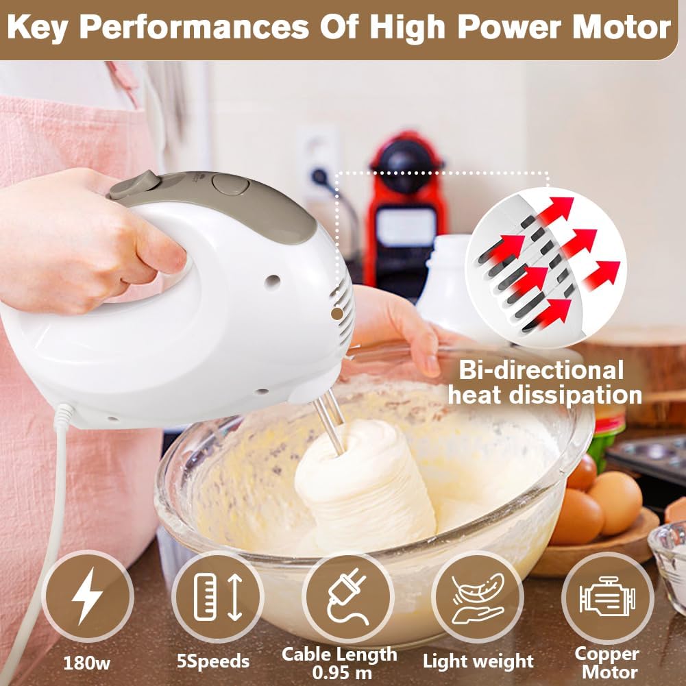 Skiennix 5-Speed Electric Hand Mixer - Portable & Lightweight with Whisk and Traditional Beaters, 120 Watts