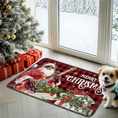 Romart Christmas Kitchen Rugs Set of 2 Black Santa Plaid Santa Claus & Tree Designs