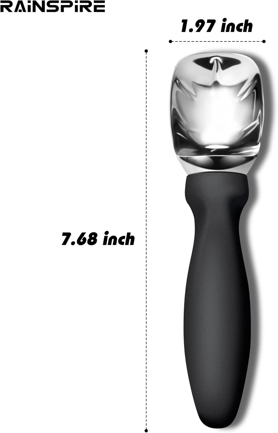 Rainspire Ice Cream Scoop - Heavy Duty Stainless Steel with Comfortable Handle | Black Color for Gelato and Sorbet