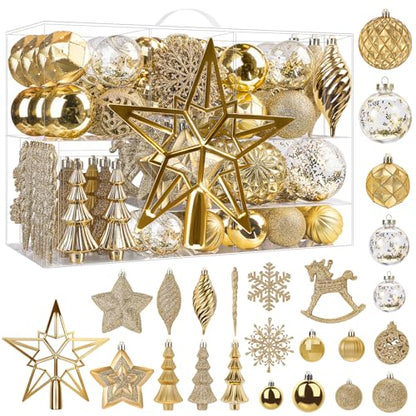 100Pcs Shatterproof Gold Christmas Tree Ornaments Set – Ball, Star, Snowflake & More