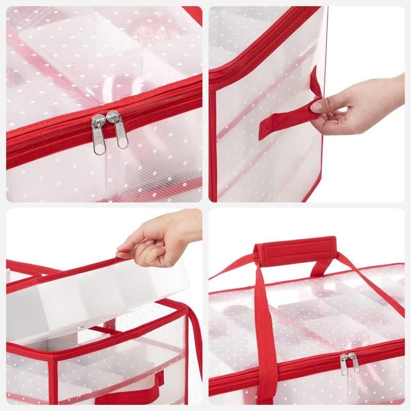 SONGMICS Christmas Ornament Storage Box - Holds 128 3-Inch Balls | 8 Trays, Dual Zippers, Cherry Red