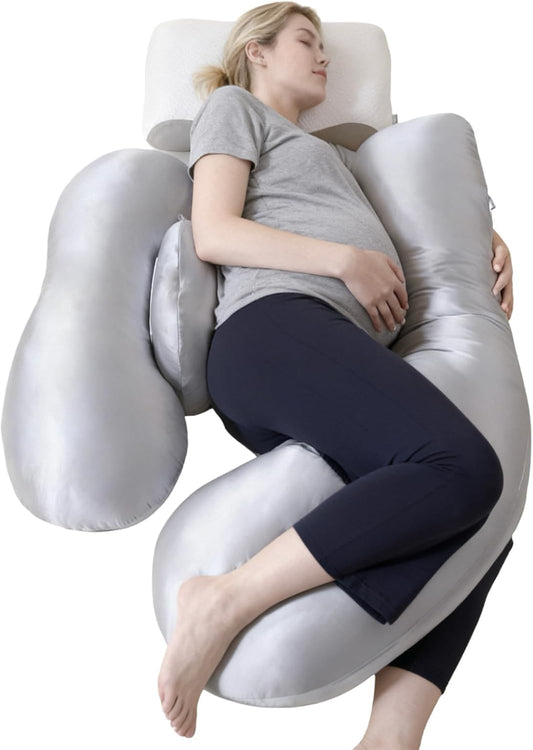 Skiennix Pregnancy Pillow - Adjustable H-Shaped Full Body Support with Cooling Cover | Grey