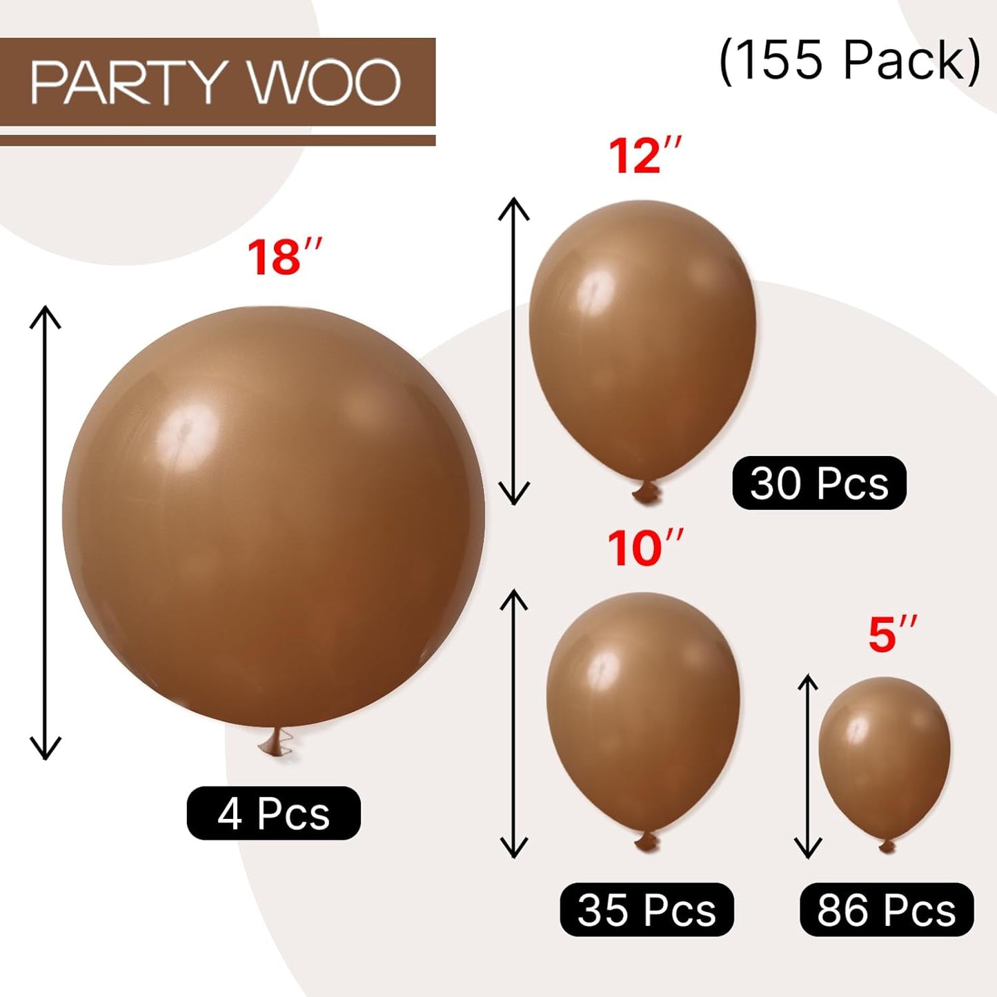 PartyWoo Brown Balloons - 155-Piece Boho Neutral Arch Kit for Birthday & Baby Shower Decor | 18", 12", 10", 5" Sizes
