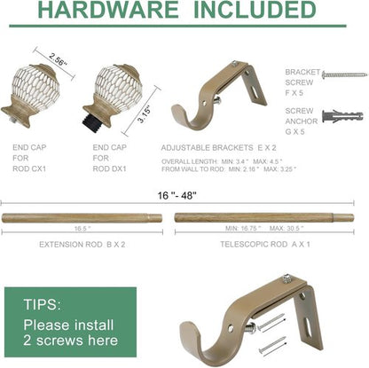 Byondeth Curtain Rods - Adjustable 16 to 48 Inches | 1 Inch Diameter with Wood Grain Leaf Finials