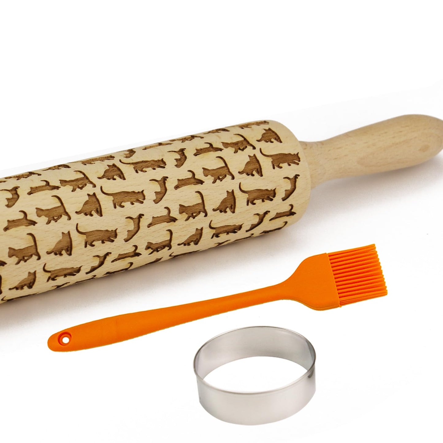 Embossed Rolling Pin for Baking Cookies Embossing Rolling Pins with Design Wooden Engraved Springerle Roller Pin Dough Animal Patterned Clay Pottery Ceramic Stamp Mold Gifts Bakers Women Kids (Cat)