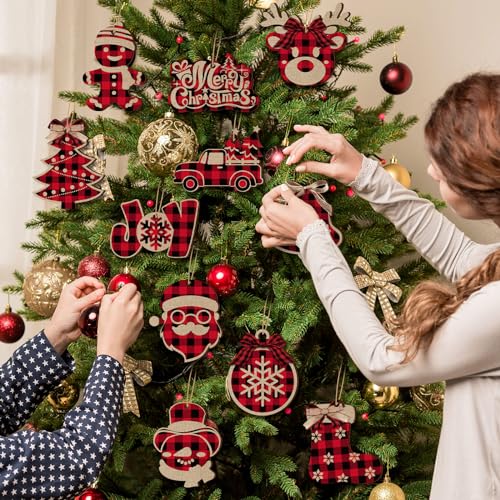 Christmas Buffalo Plaid Ornaments Set - Rustic Wooden Holiday Decor, Black Red Variation