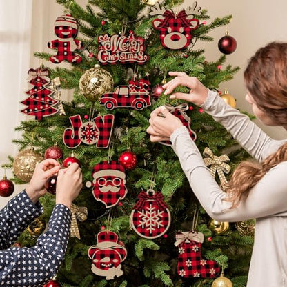 Christmas Buffalo Plaid Ornaments Set - Rustic Wooden Holiday Decor, Black Red Variation
