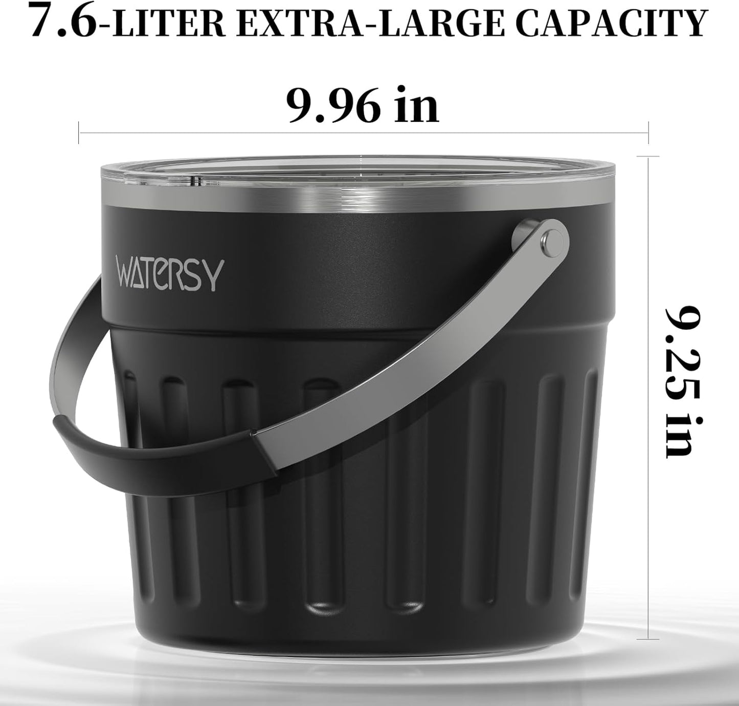 WATERSY Insulated Ice Bucket（8 Quart / 7.6 L） with Lid, Scoop, Ice Tong，Wall Vacuum Stainless Steel, Black
