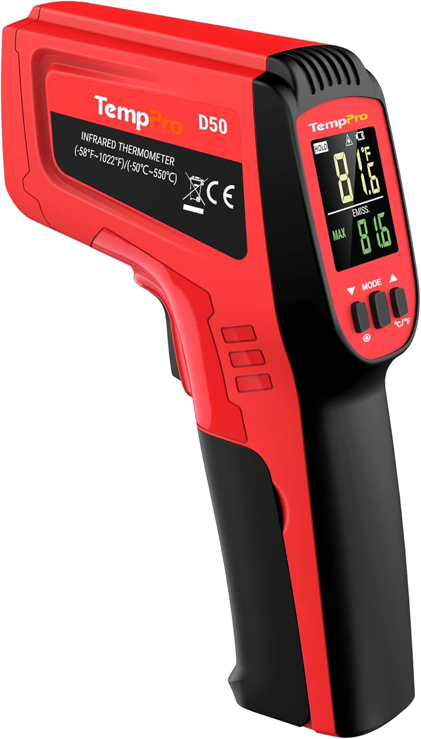 TempPro D50 Dual Laser Infrared Thermometer Gun - Adjustable Emissivity & MAX/MIN/AVG Display for Cooking & Industrial Use