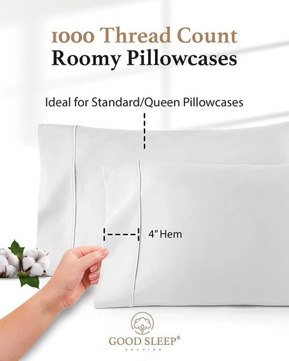 1000 TC White Standard Pillowcases Set of 4 100% Egyptian Cotton Pillow Cases with Long Staple Cotton & Sateen Weave, Silky Soft Hotel - Like Bed Pillow Covers for Comfy Sleeping, Snug Fit