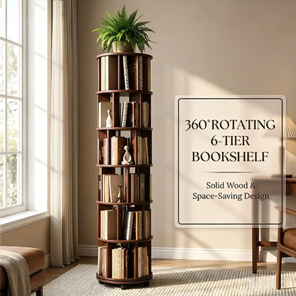 Dark Walnut 6-Tier Solid Wood Rotating Bookshelf Tower - 360° Revolving Book Shelf