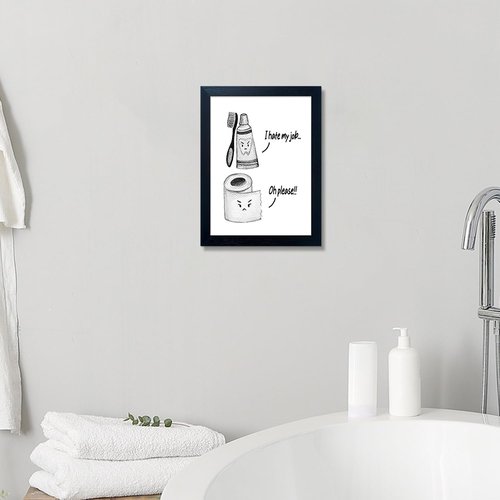 Boswaydeco Kids Bathroom Decor - Cute Black and White Wall Art Print | Funny Toilet Paper & Toothbrush Design