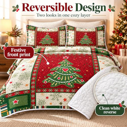 Christmas Quilt Set Queen - Red 3-Piece Tree Bedspread & Pillow Shams - Seasonal Bedding