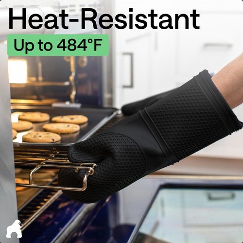 GORILLA GRIP Silicone Oven Mitts - BPA-Free, Heat Resistant, Waterproof | Set of 2, Black, 14.5x8.3 Inches
