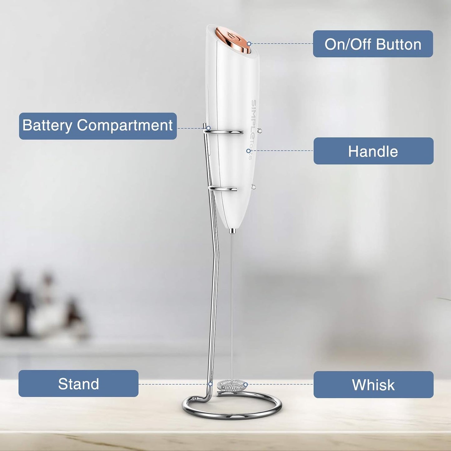 SimpleTaste Milk Frother - Handheld Electric Foam Maker with Stainless Steel Whisk | White, Battery Operated
