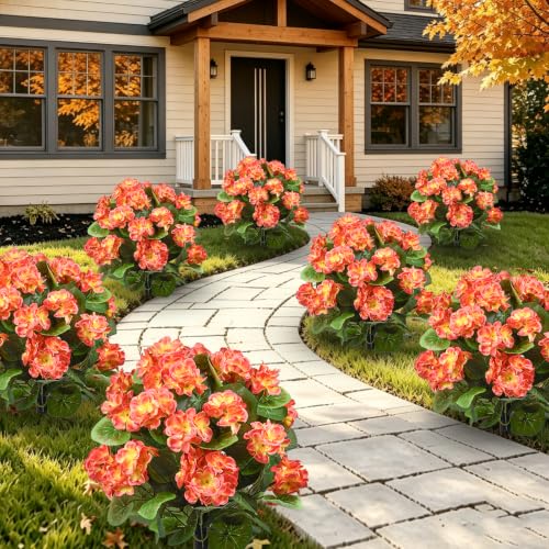 Artificial Geranium Flowers with Ground Stakes - UV Resistant Outdoor & Indoor Decor - 2 Pack